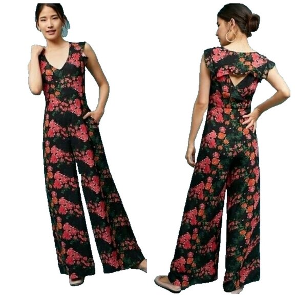 Anthropologie Pants - Plenty By Tracy Reese Floral Jumpsuit XS Black Red Flowers Sleeveless Wide-Leg